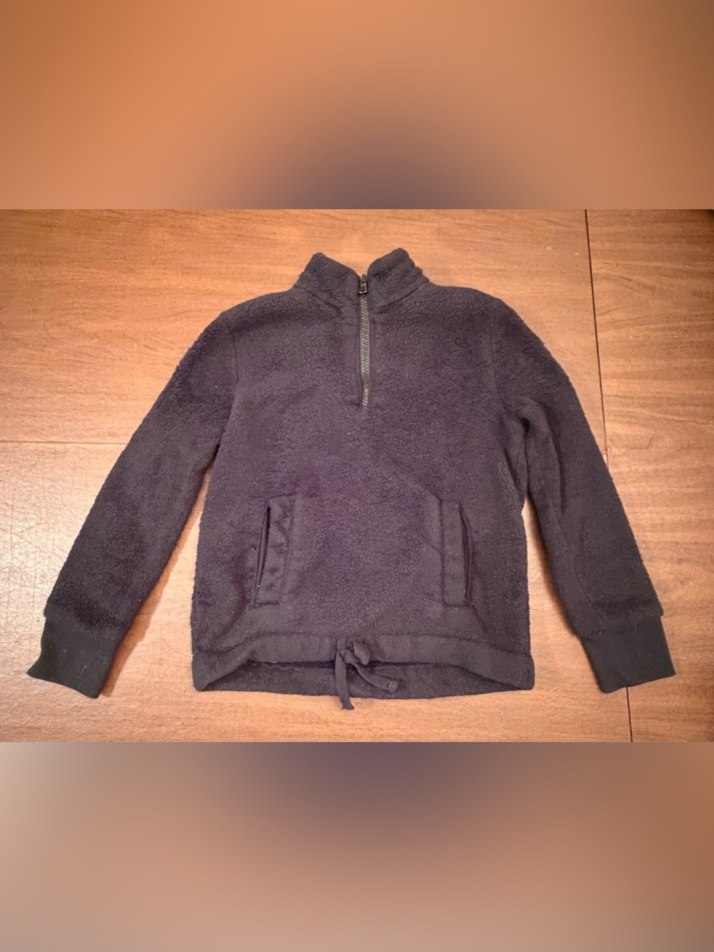 Girls Black Sherpa Fleece Quarter Zip Pullover Sweatshirt Drawstring Hem Size 8